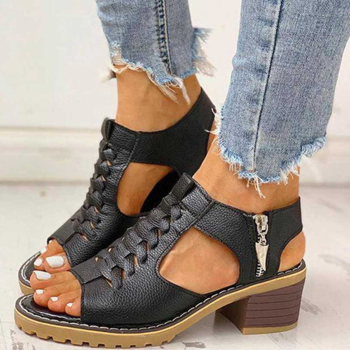 Thersea | Women's Block Heel Orthopedic Sandals with Side Zipper