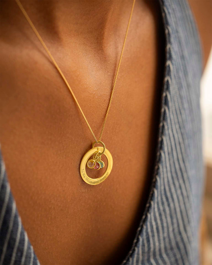 Collier Personnalisé en Or avec Anneau Éternel de Famille et Pierre de Naissance