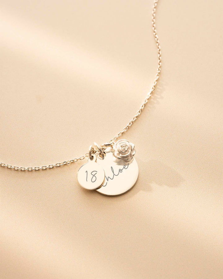 Disque d'Anniversaire Personnalisé en Argent et Collier de Fleurs de Naissance
