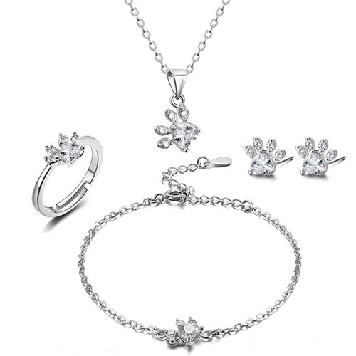 Ensemble de Bijoux Patte en Or Rose – 4 Pièces avec Cœur en Zirconia (Bague, Collier, Boucles d'Oreilles, Bracelet)