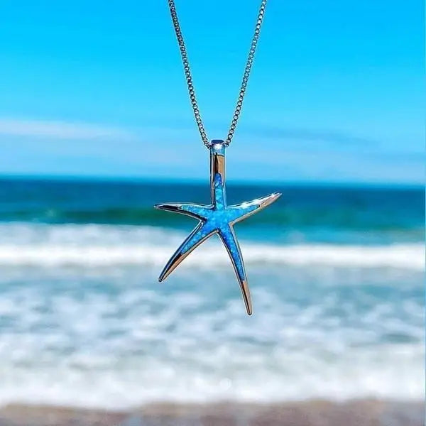 Pendentif en Opale Bleue Argentée en Forme d'Étoile de Mer