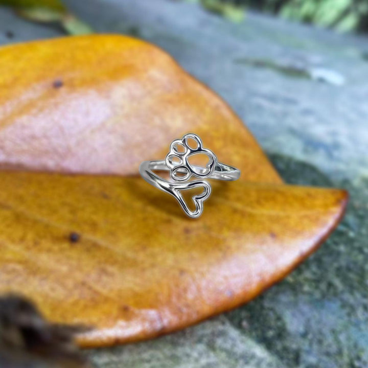 Bague Ajustable Patte & Cœur – Acier Inoxydable