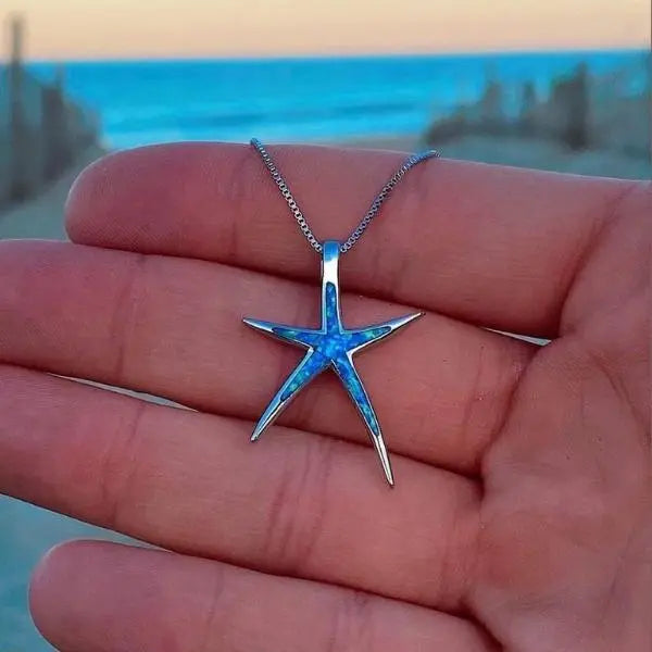 Pendentif en Opale Bleue Argentée en Forme d'Étoile de Mer