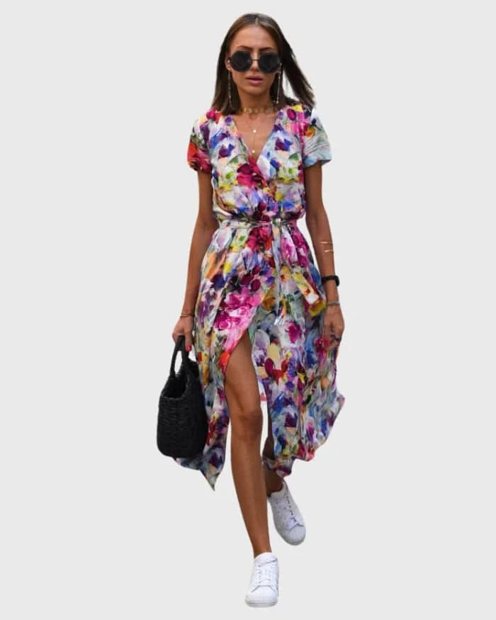 Morgane™ | Robe cache-cœur midi avec des fleurs vibrantes
