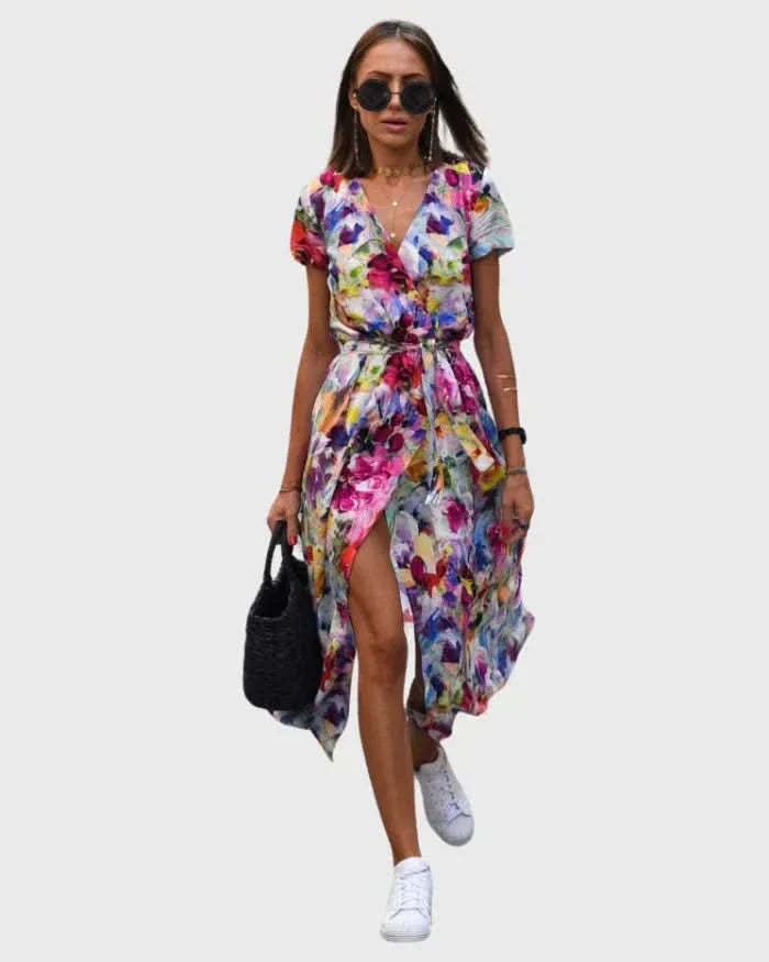 Yareli | Midi Wrap Dress with Vibrant Flowers