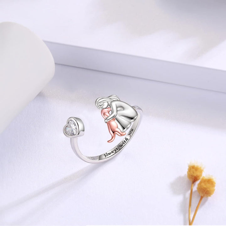 Bague Ajustable pour Chien en Argent Sterling 925 – "Toujours dans Mon Cœur" avec Zirconia