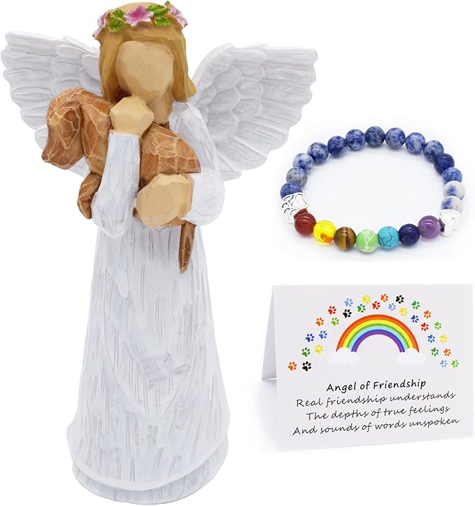 Coffret Cadeau Mémorial pour Chien avec Figurine d'Ange de l'Amitié & Bracelet Chakra Pont de l'Arc-en-Ciel