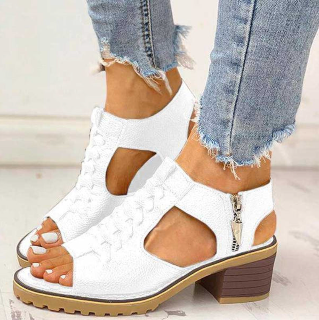 Thersea | Women's Block Heel Orthopedic Sandals with Side Zipper