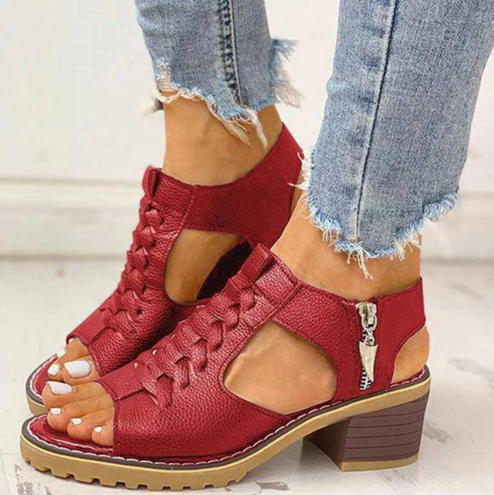 Thersea | Women's Block Heel Orthopedic Sandals with Side Zipper