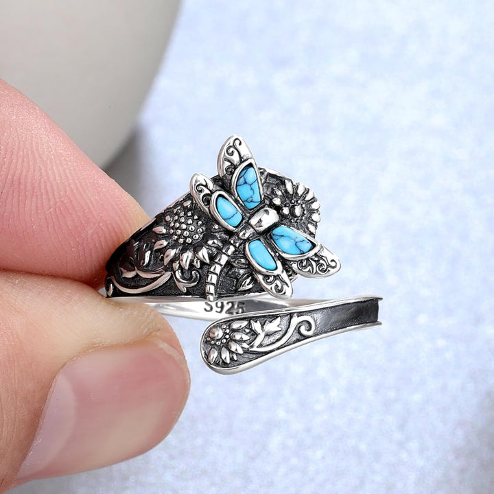 Bague à Cuillère en Argent Sterling et Turquoise – Bague Vintage Boho avec Libellule