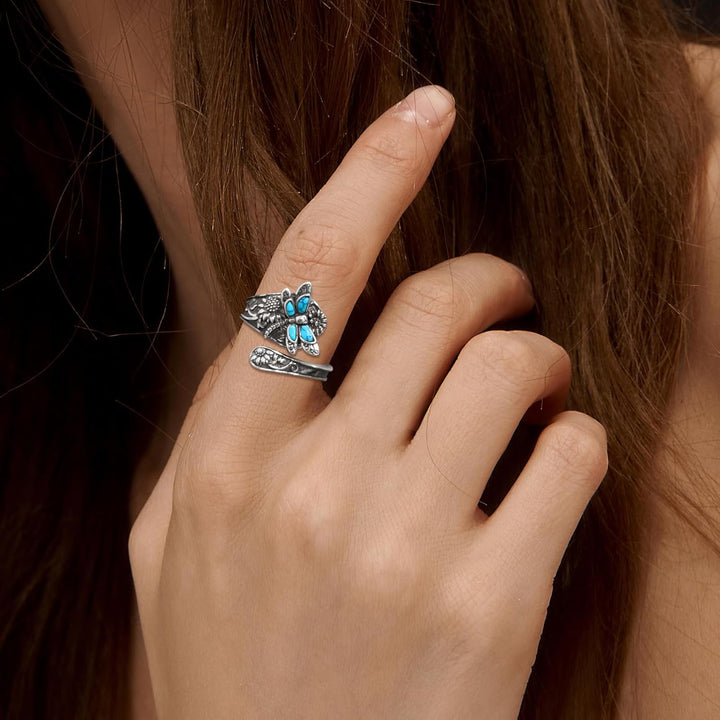 Bague à Cuillère en Argent Sterling et Turquoise – Bague Vintage Boho avec Libellule