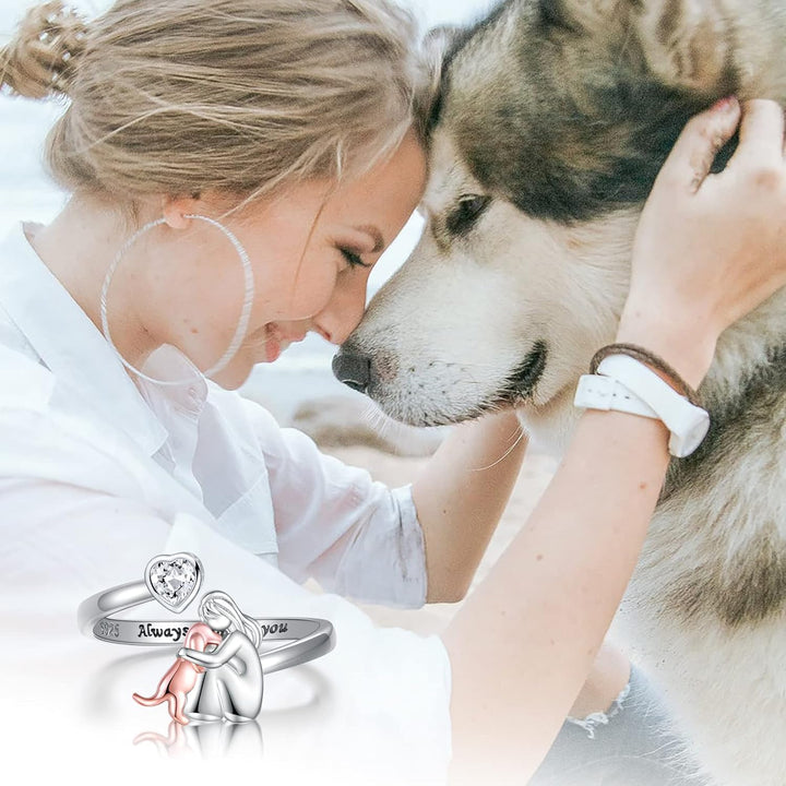 Bague Ajustable pour Chien en Argent Sterling 925 – "Toujours dans Mon Cœur" avec Zirconia