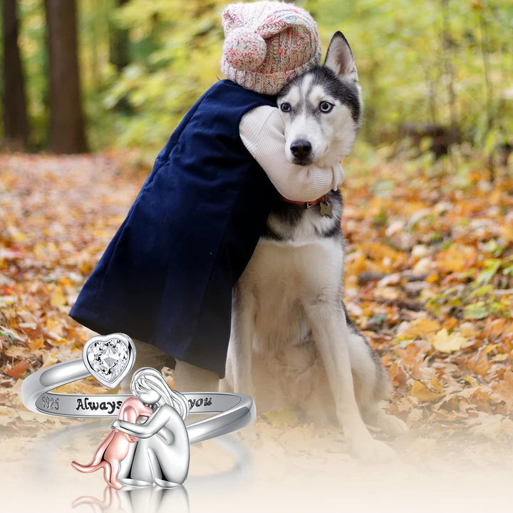 Bague Ajustable pour Chien en Argent Sterling 925 – "Toujours dans Mon Cœur" avec Zirconia