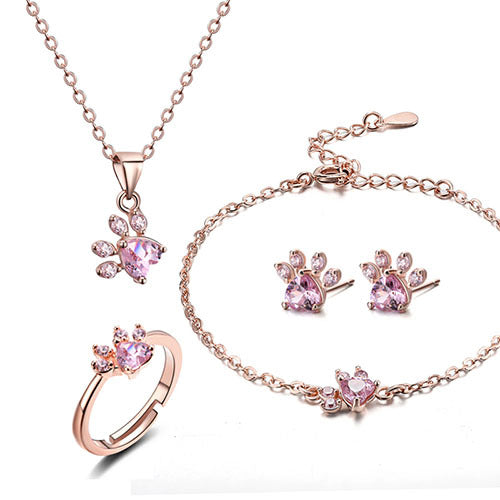 Ensemble de Bijoux Patte en Or Rose – 4 Pièces avec Cœur en Zirconia (Bague, Collier, Boucles d'Oreilles, Bracelet)