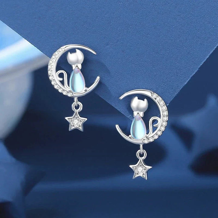 Boucles d'oreilles Chat Lune & Étoile en Argent Sterling 925 avec Zircon