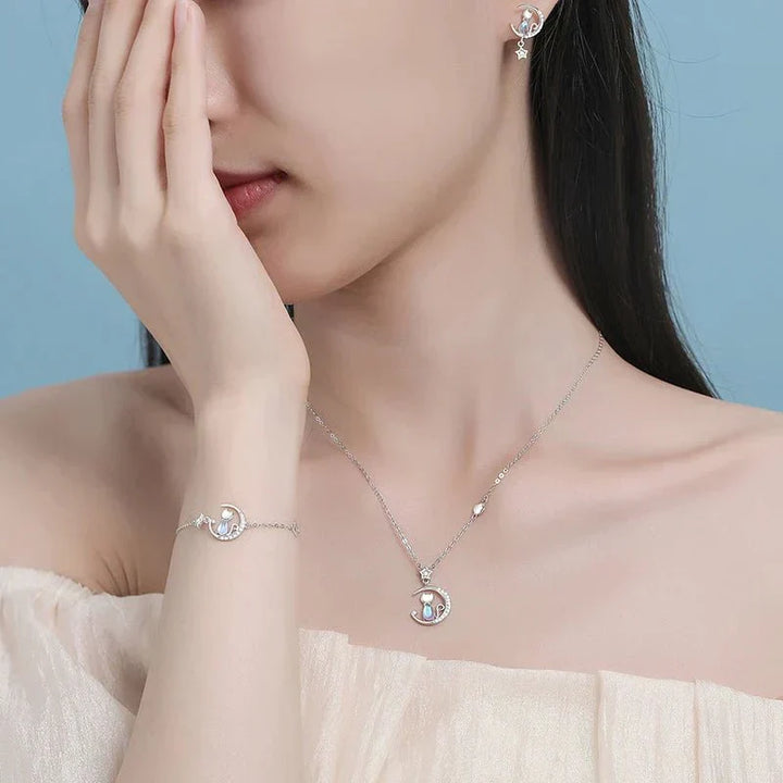 Boucles d'oreilles Chat Lune & Étoile en Argent Sterling 925 avec Zircon
