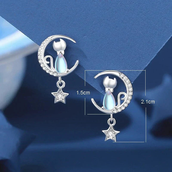 Boucles d'oreilles Chat Lune & Étoile en Argent Sterling 925 avec Zircon