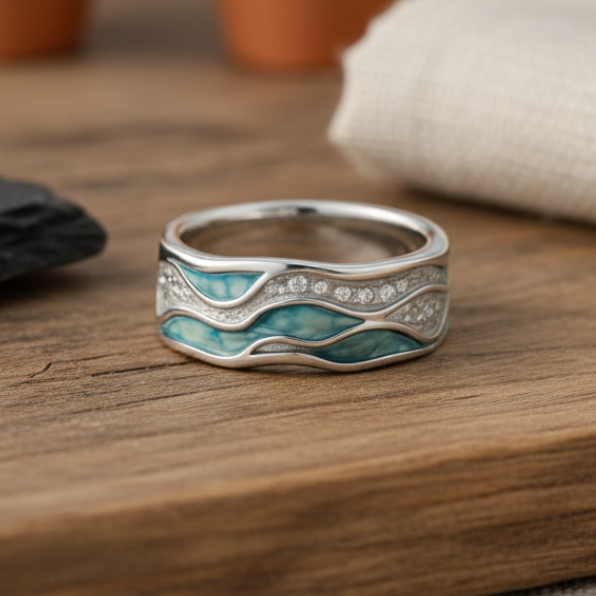 Bague Élégante en Argent et Turquoise avec Motifs de Vagues