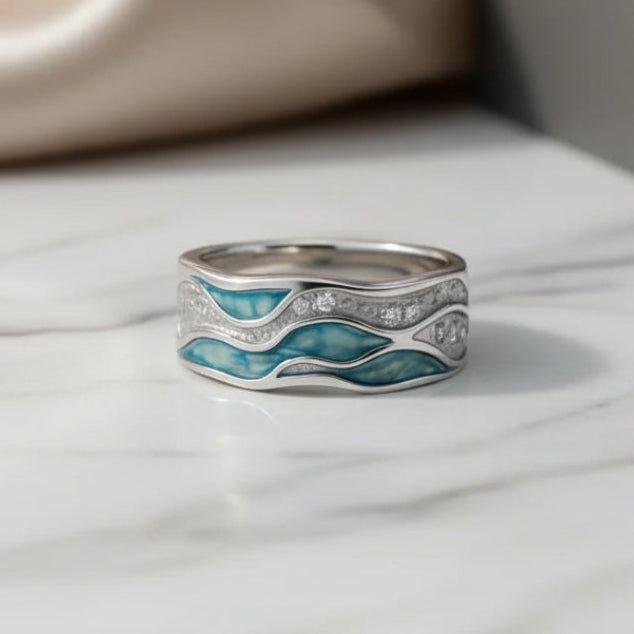 Bague Élégante en Argent et Turquoise avec Motifs de Vagues