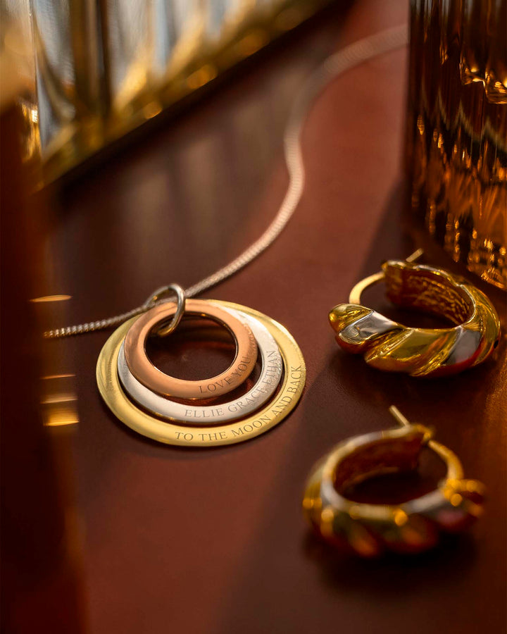 Pendentif Collier Personnalisé Triple Anneau Éternel en Métal Mixte Argent