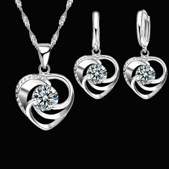 Collier et Boucles d'Oreilles en Argent Sterling en Forme de Cœur