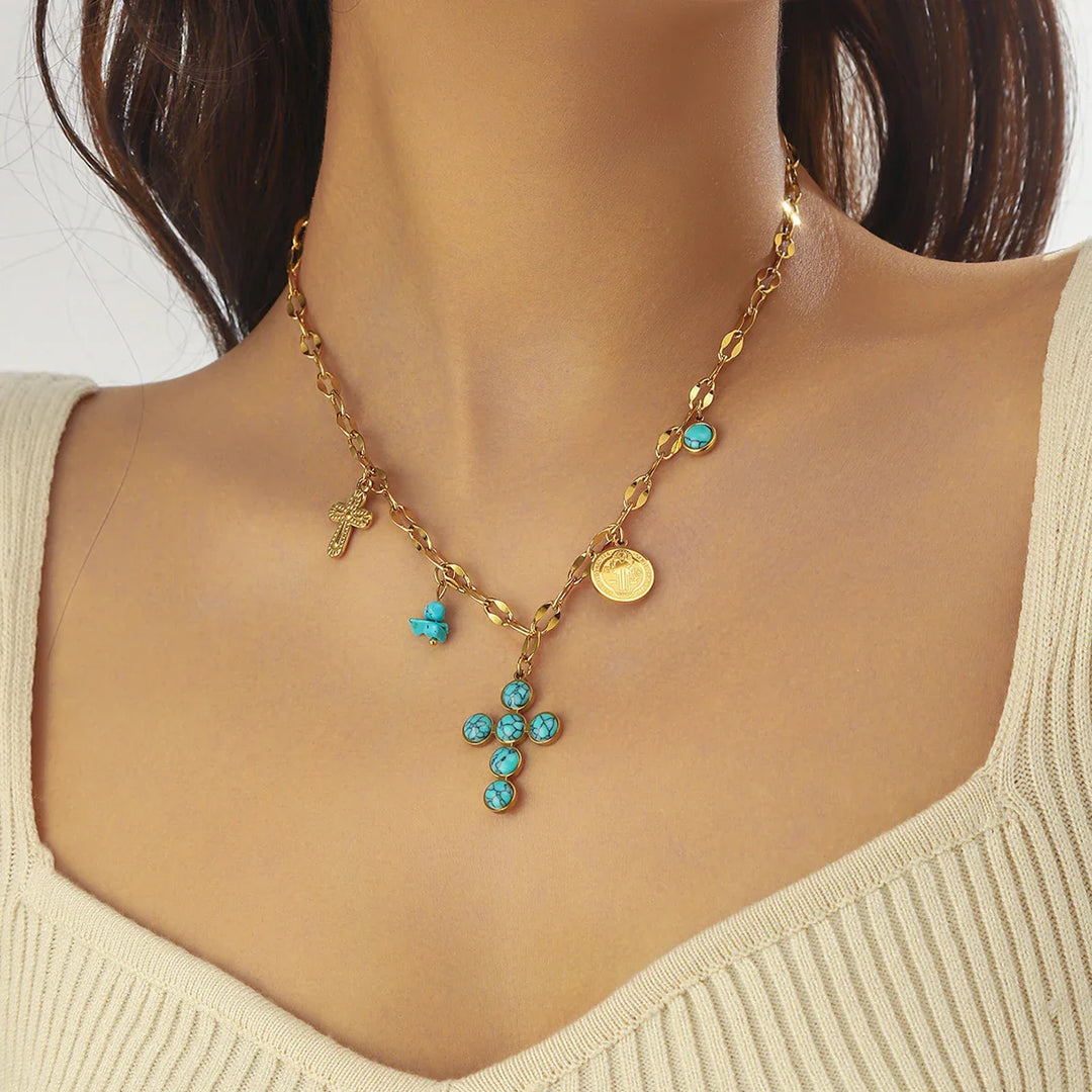 Collier Croix en Acier Inoxydable Turquoise Exclusif