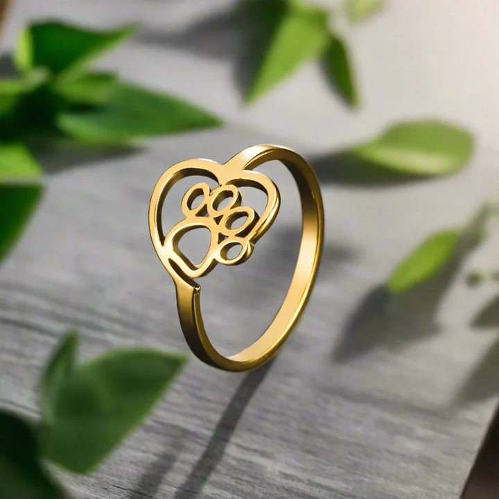 Bague en Acier Inoxydable avec Pattes et Cœur – Bijoux pour Amoureux des Animaux