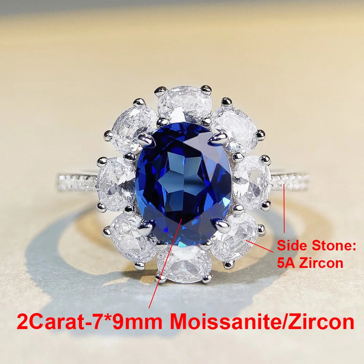 BXINY Certified 2CT Oval Cut Bule Moissanite Ring S925 Silver Sapphire Lab Diamond Halo Wedding Band For Women Fine Jewelry Gift