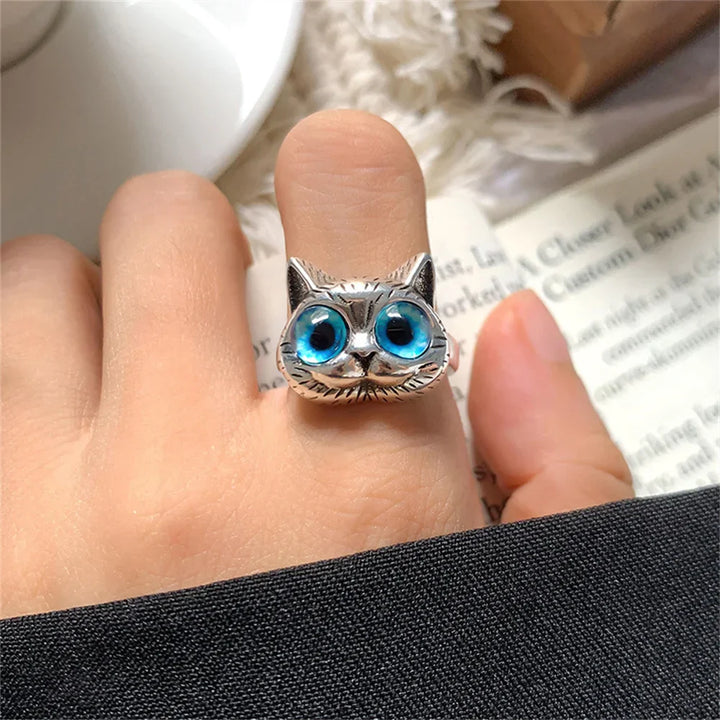 Bague Chat aux Yeux Bleus – Bague Animale Vintage en Argent Ludique pour Amateurs de Chats