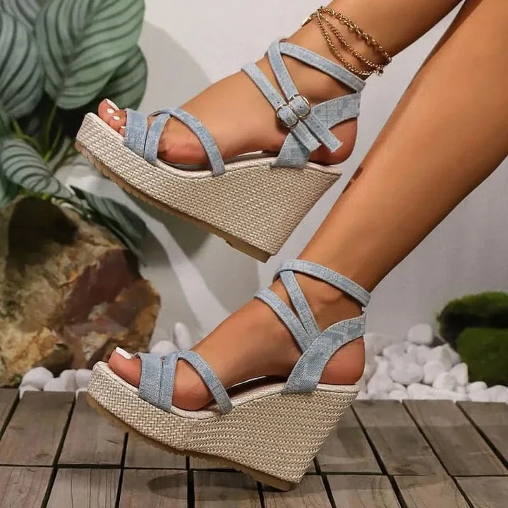 Leslie | Denim Wedged Heel Sandals