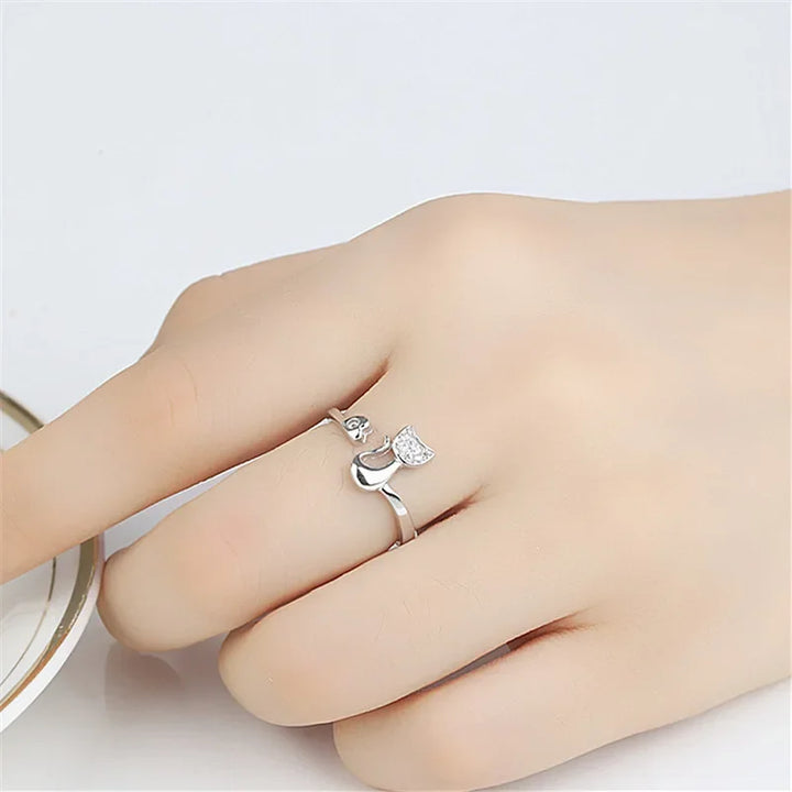 Bague Ouverte Chat Mignonne – Zirconia Cubique