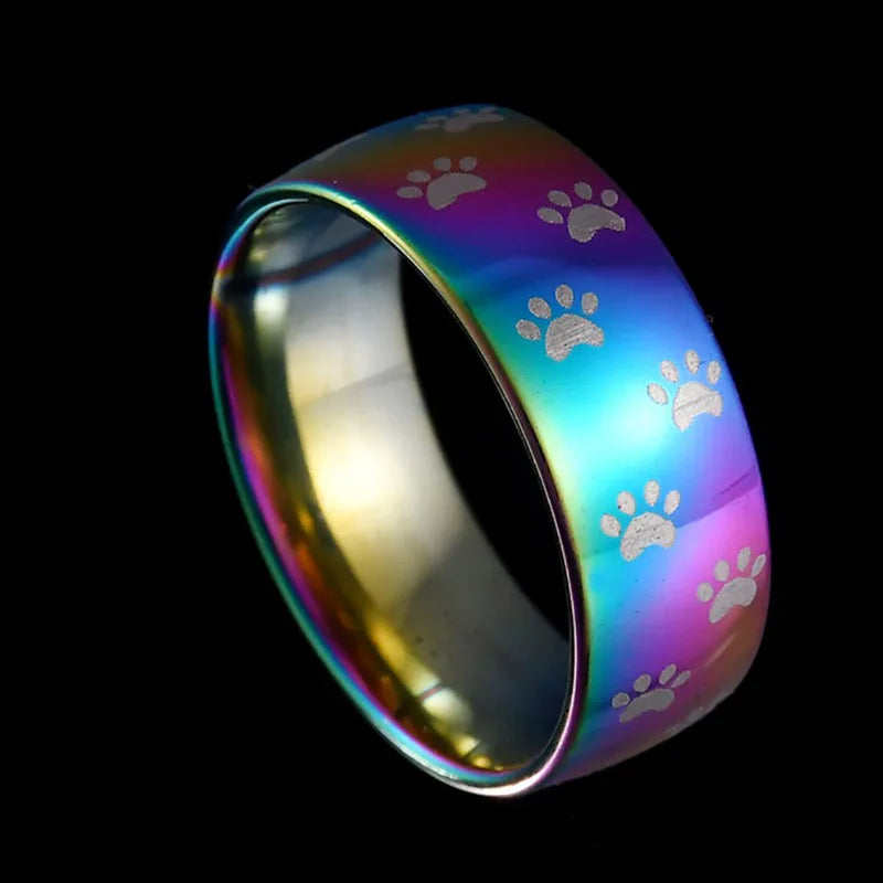 Bague en Acier Inoxydable Arc-en-Ciel avec Empreinte de Patte Fait Main