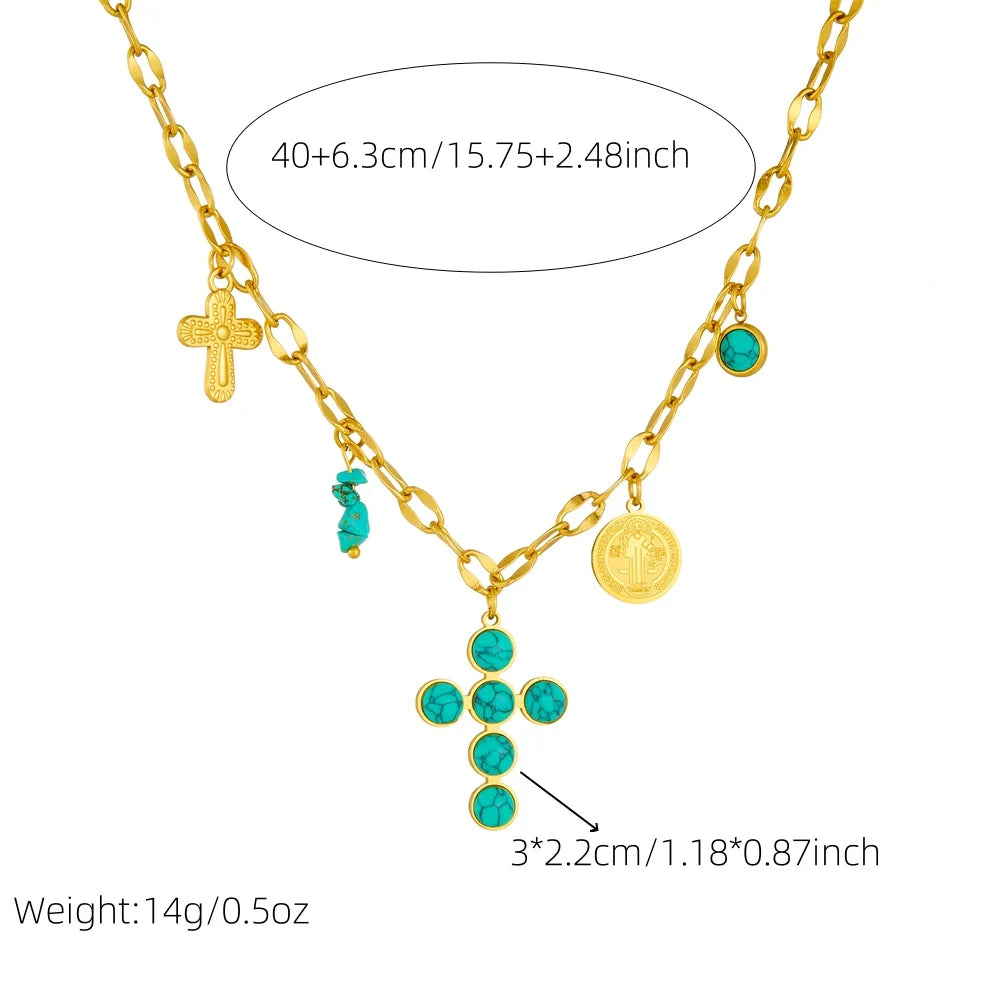 Collier Croix en Acier Inoxydable Turquoise Exclusif