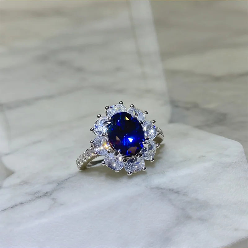 BXINY Certified 2CT Oval Cut Bule Moissanite Ring S925 Silver Sapphire Lab Diamond Halo Wedding Band For Women Fine Jewelry Gift