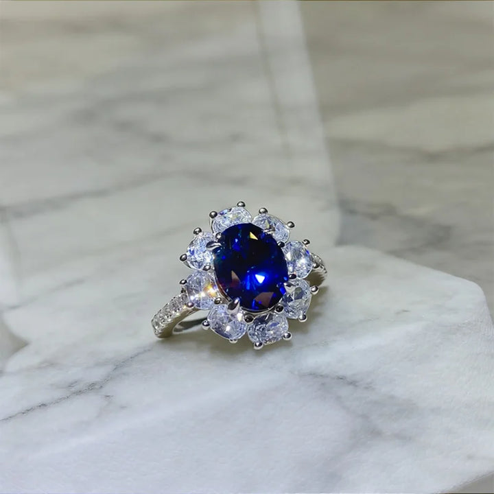 BXINY Certified 2CT Oval Cut Bule Moissanite Ring S925 Silver Sapphire Lab Diamond Halo Wedding Band For Women Fine Jewelry Gift