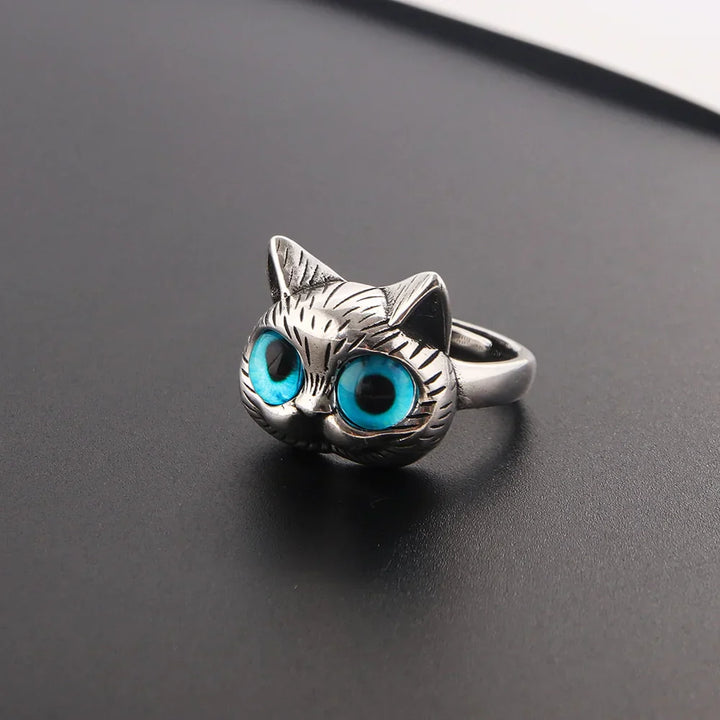 Bague Chat aux Yeux Bleus – Bague Animale Vintage en Argent Ludique pour Amateurs de Chats
