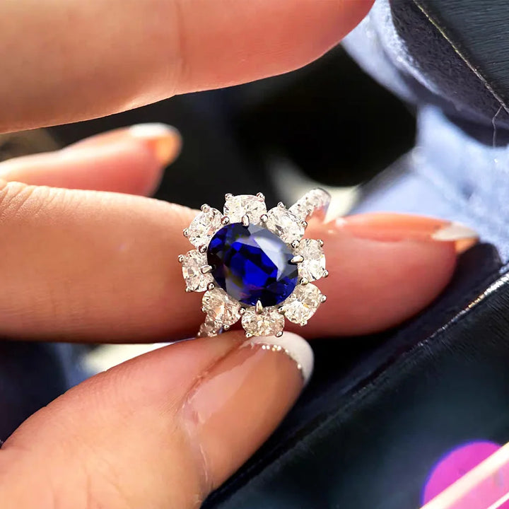 BXINY Certified 2CT Oval Cut Bule Moissanite Ring S925 Silver Sapphire Lab Diamond Halo Wedding Band For Women Fine Jewelry Gift