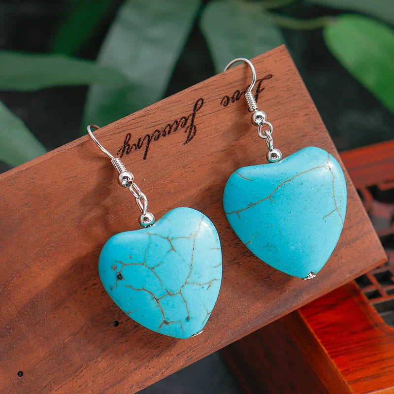 Boucles d'oreilles pendantes en cœur turquoise antique