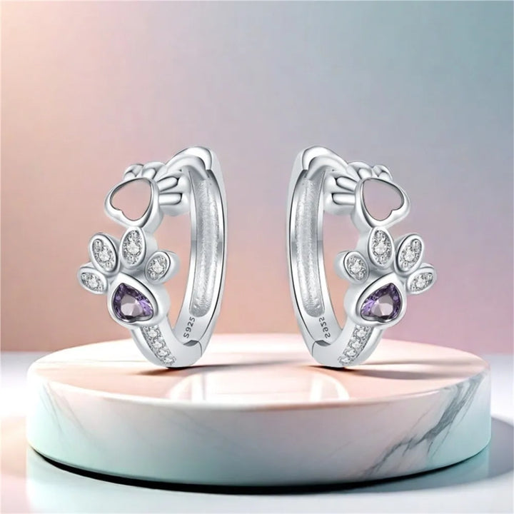 Boucles d'oreilles Paw Huggie en argent sterling 925 – Avec zircon et gemme en forme de cœur