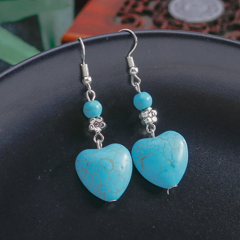 Boucles d'oreilles pendantes en cœur turquoise antique