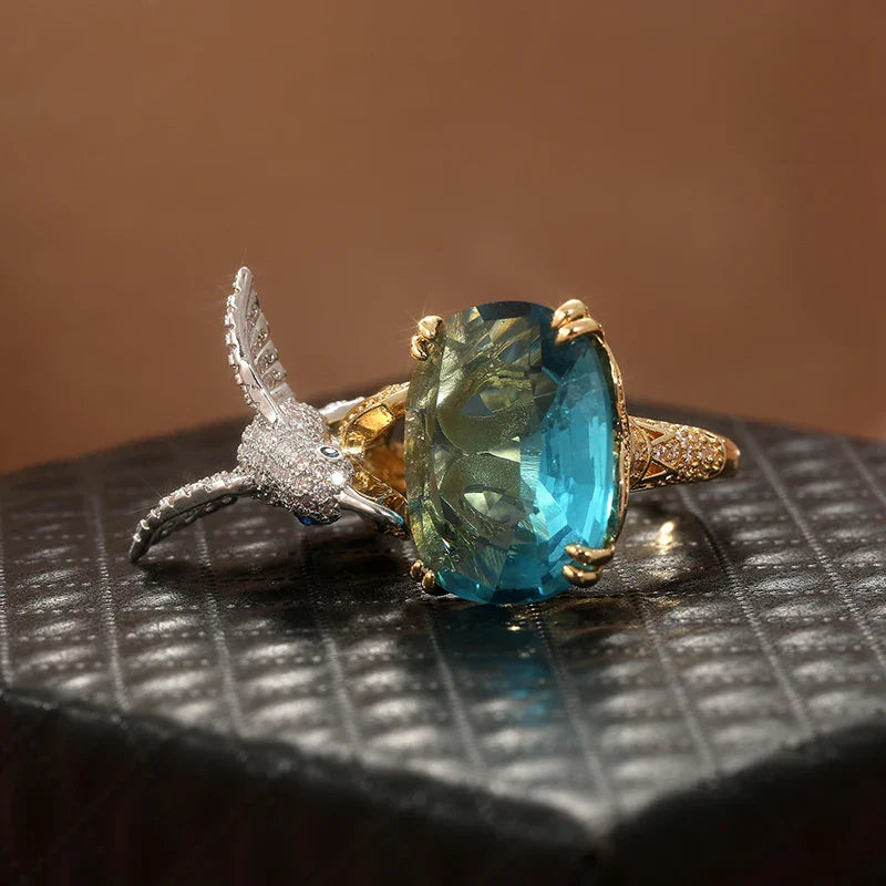 Bague Colibri Couleur Aquamarine Ajustable – Plaqué Or 14K
