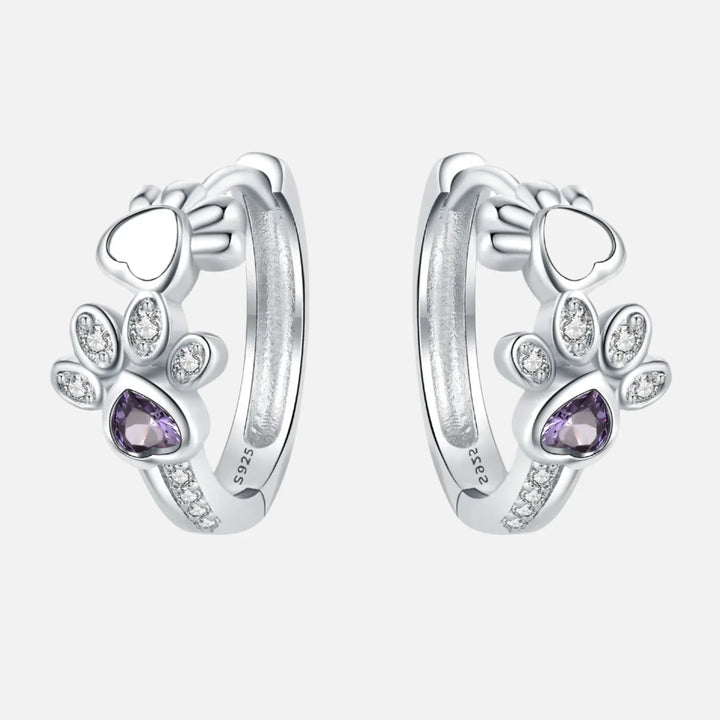 Boucles d'oreilles Paw Huggie en argent sterling 925 – Avec zircon et gemme en forme de cœur