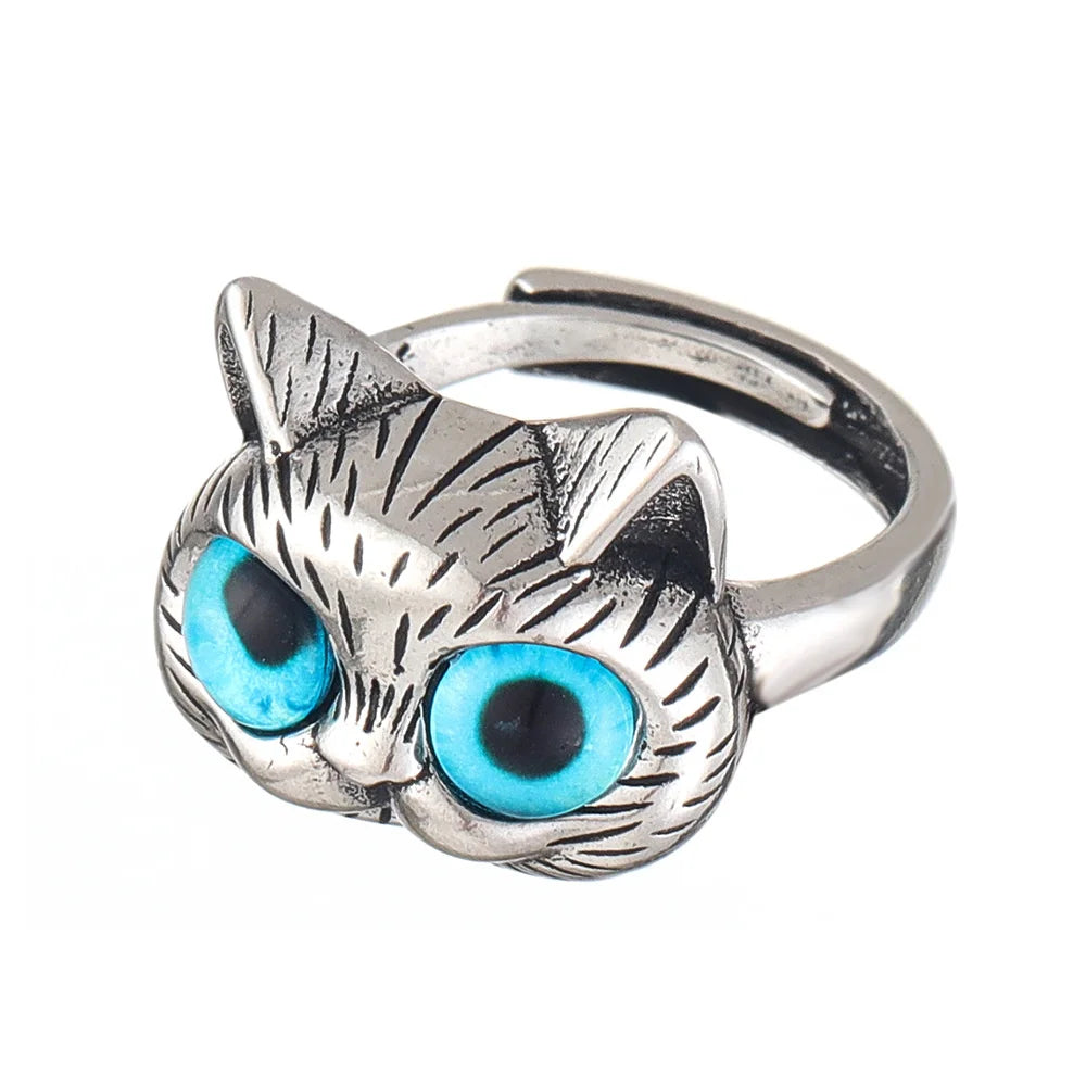 Bague Chat aux Yeux Bleus – Bague Animale Vintage en Argent Ludique pour Amateurs de Chats