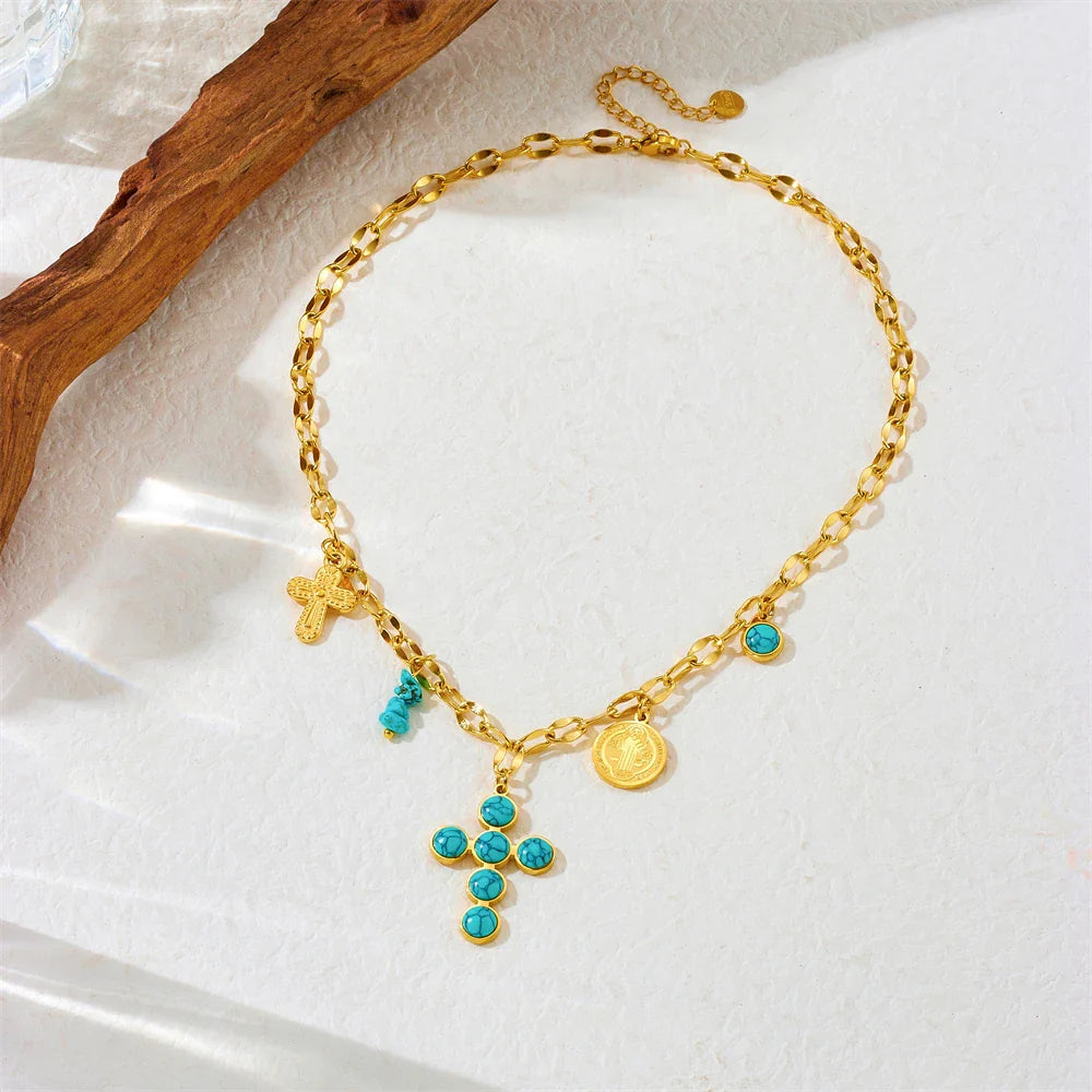 Collier Croix en Acier Inoxydable Turquoise Exclusif