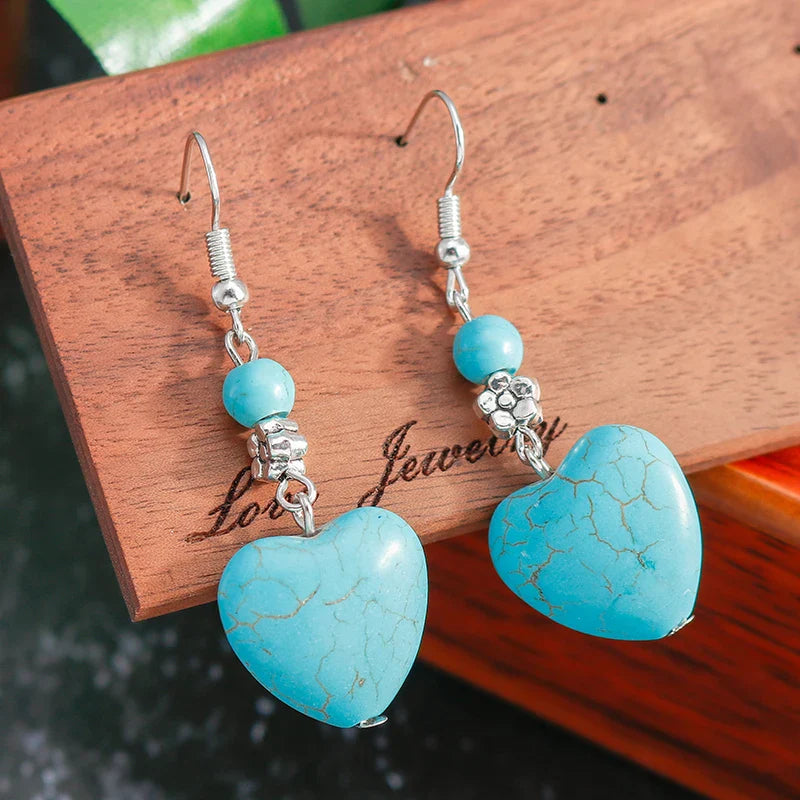 Boucles d'oreilles pendantes en cœur turquoise antique