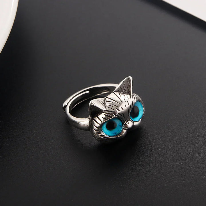 Bague Chat aux Yeux Bleus – Bague Animale Vintage en Argent Ludique pour Amateurs de Chats