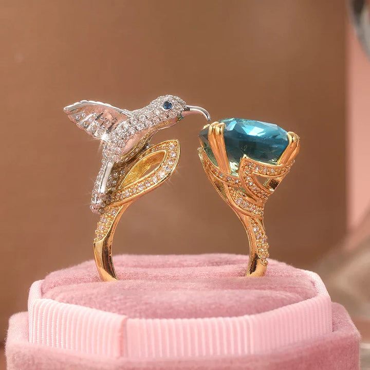 Bague Colibri Couleur Aquamarine Ajustable – Plaqué Or 14K
