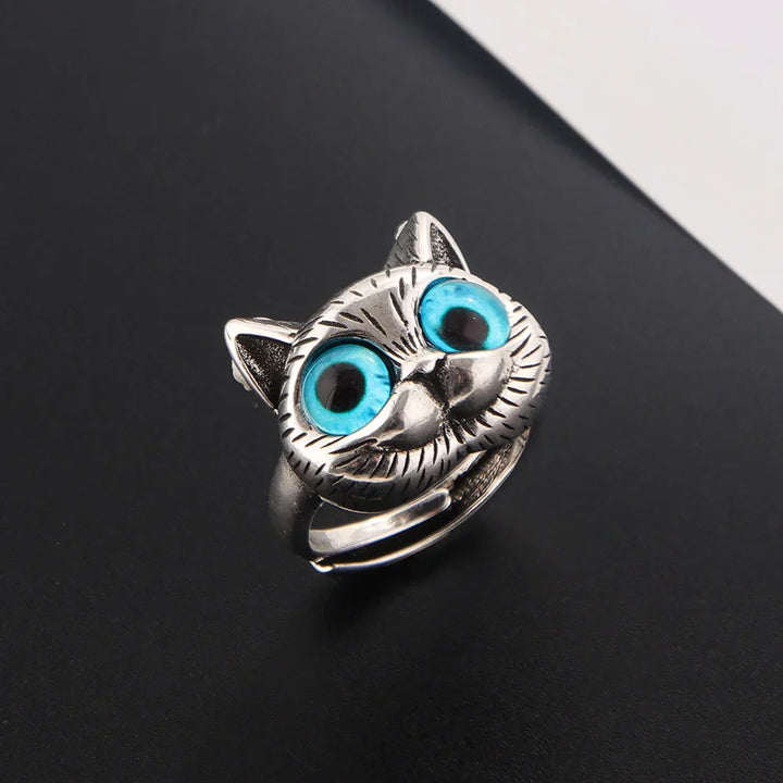 Bague Chat aux Yeux Bleus – Bague Animale Vintage en Argent Ludique pour Amateurs de Chats