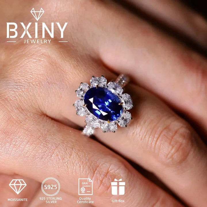BXINY Certified 2CT Oval Cut Bule Moissanite Ring S925 Silver Sapphire Lab Diamond Halo Wedding Band For Women Fine Jewelry Gift