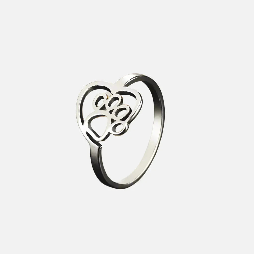 Bague en Acier Inoxydable avec Pattes et Cœur – Bijoux pour Amoureux des Animaux
